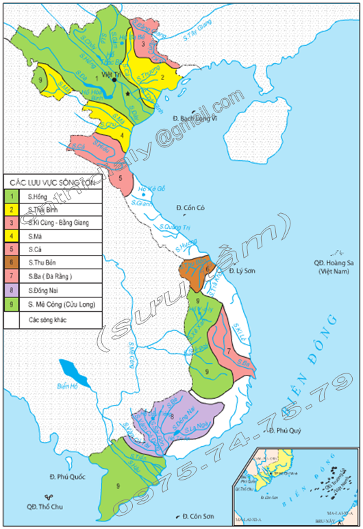 Hình 33.1. Lược đồ các hệ thống sông lớn ở Việt Nam, lớp 8