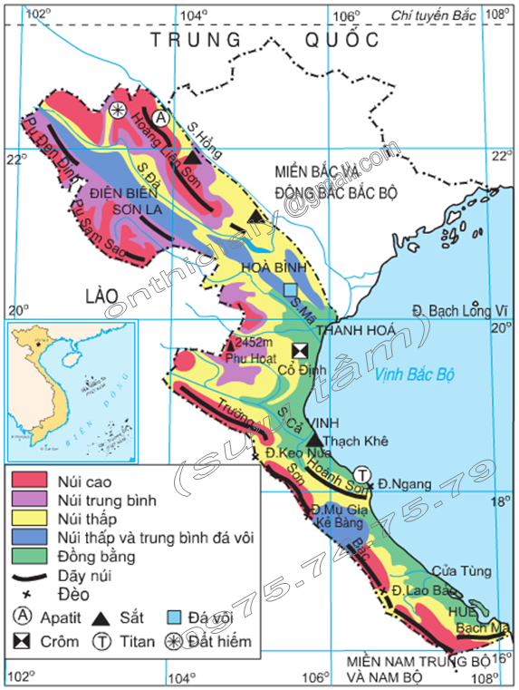 Hình 42.1. Lược đồ địa hình và khoáng sản miền Tây Bắc và Bắc Trung Bộ, lop 8