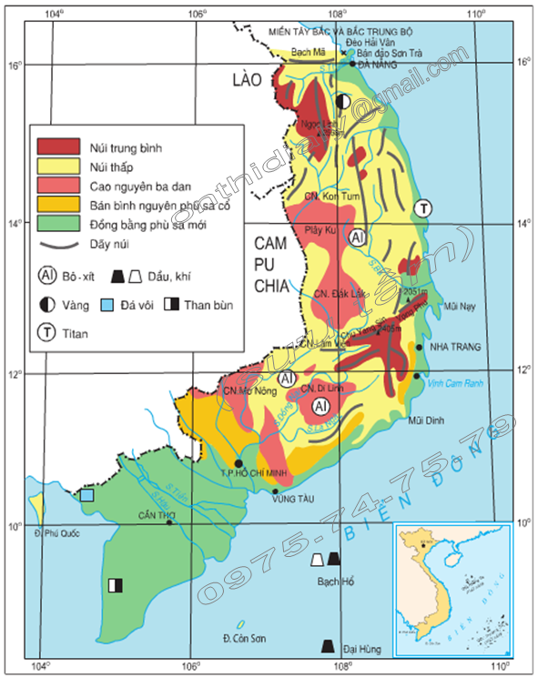 Hình 43.1. Lược đồ địa hình và khoáng sản miền Nam Trung Bộ và Nam Bộ, lop 8